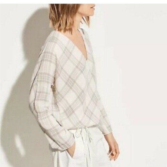 VINCE Plaid Crossover Blouse Long Sleeve Surplice Neck Super Soft Sz S - Picture 4 of 14